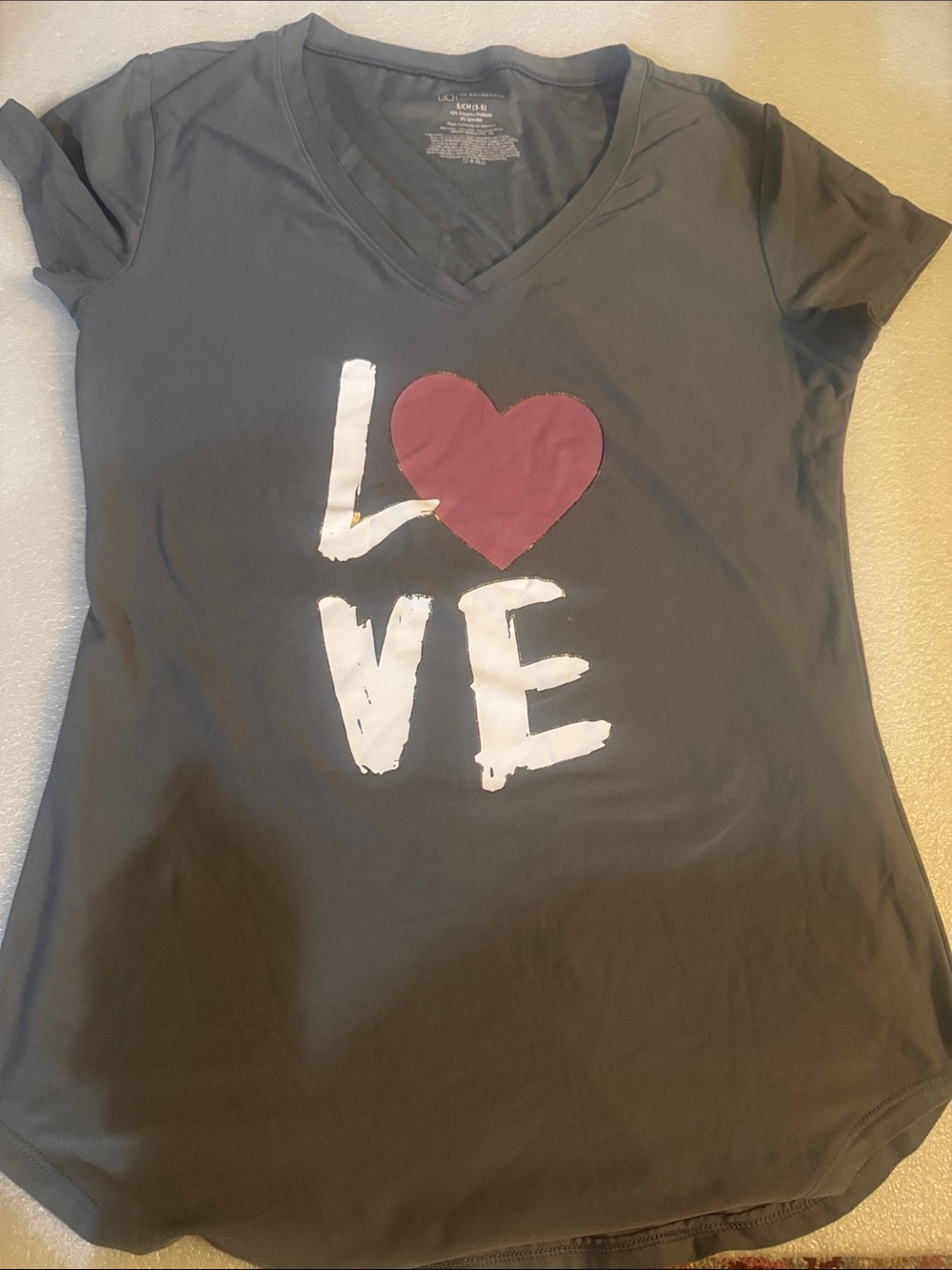 No Boundaries Charcoal V-Neck Tee with pink Heart LOVE Graphic